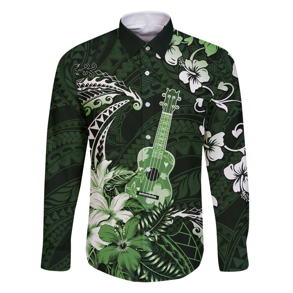 Hawaii Ukulele Family Matching Summer Maxi Dress and Hawaiian Shirt Polynesian Pattern Mix Hibiscus Green Version LT05