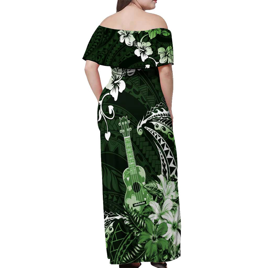 Hawaii Ukulele Off Shoulder Maxi Dress Polynesian Pattern Mix Hibiscus Green Version LT05
