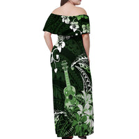 Hawaii Ukulele Off Shoulder Maxi Dress Polynesian Pattern Mix Hibiscus Green Version LT05