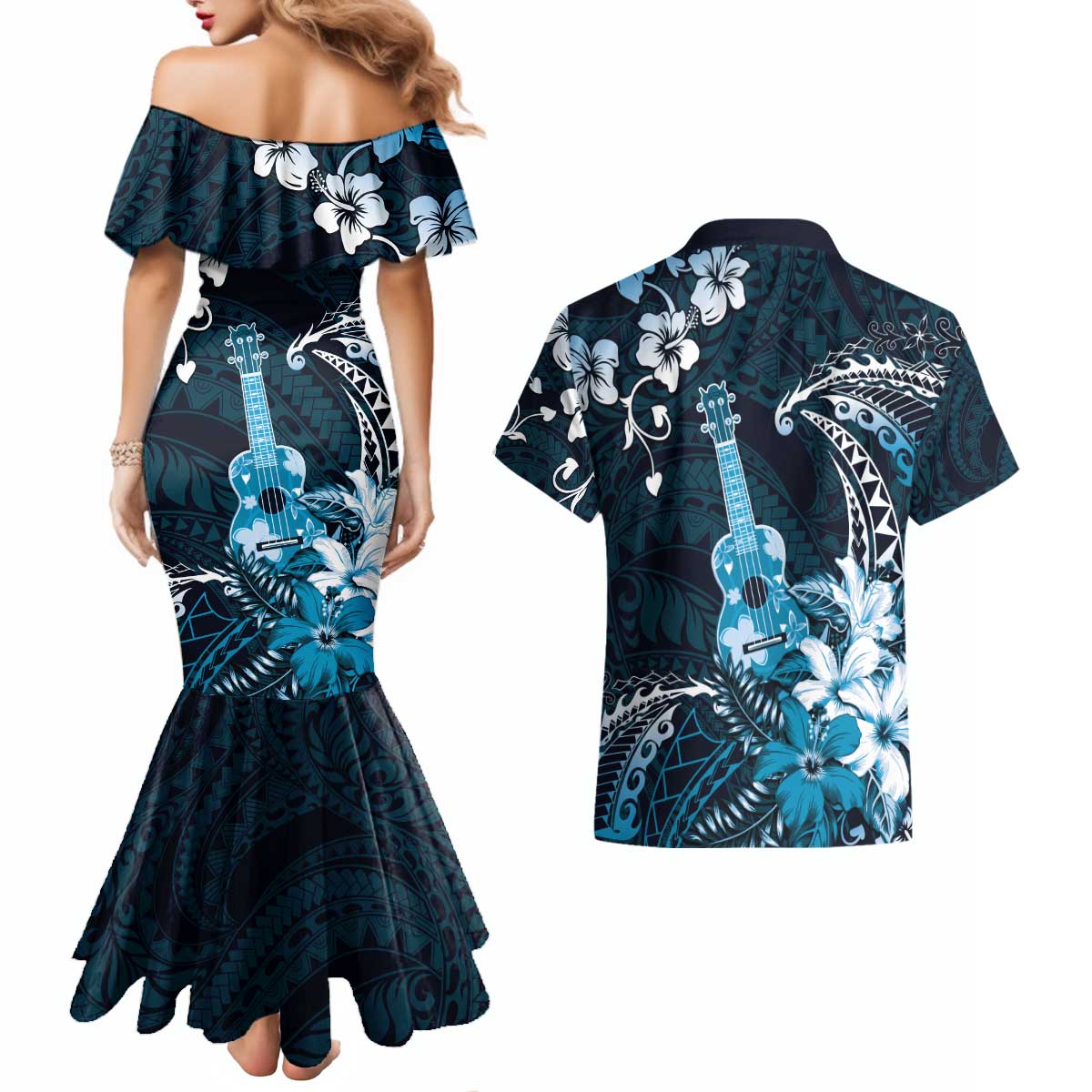 Hawaii Ukulele Couples Matching Mermaid Dress and Hawaiian Shirt Polynesian Pattern Mix Hibiscus Blue Version LT05