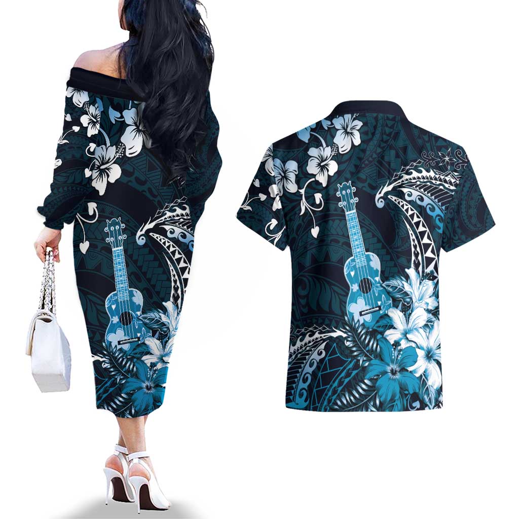 Hawaii Ukulele Couples Matching Off The Shoulder Long Sleeve Dress and Hawaiian Shirt Polynesian Pattern Mix Hibiscus Blue Version LT05
