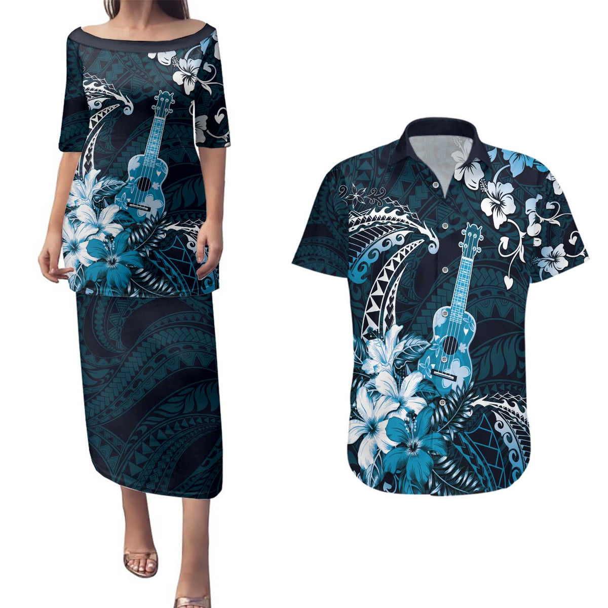 Hawaii Ukulele Couples Matching Puletasi and Hawaiian Shirt Polynesian Pattern Mix Hibiscus Blue Version LT05