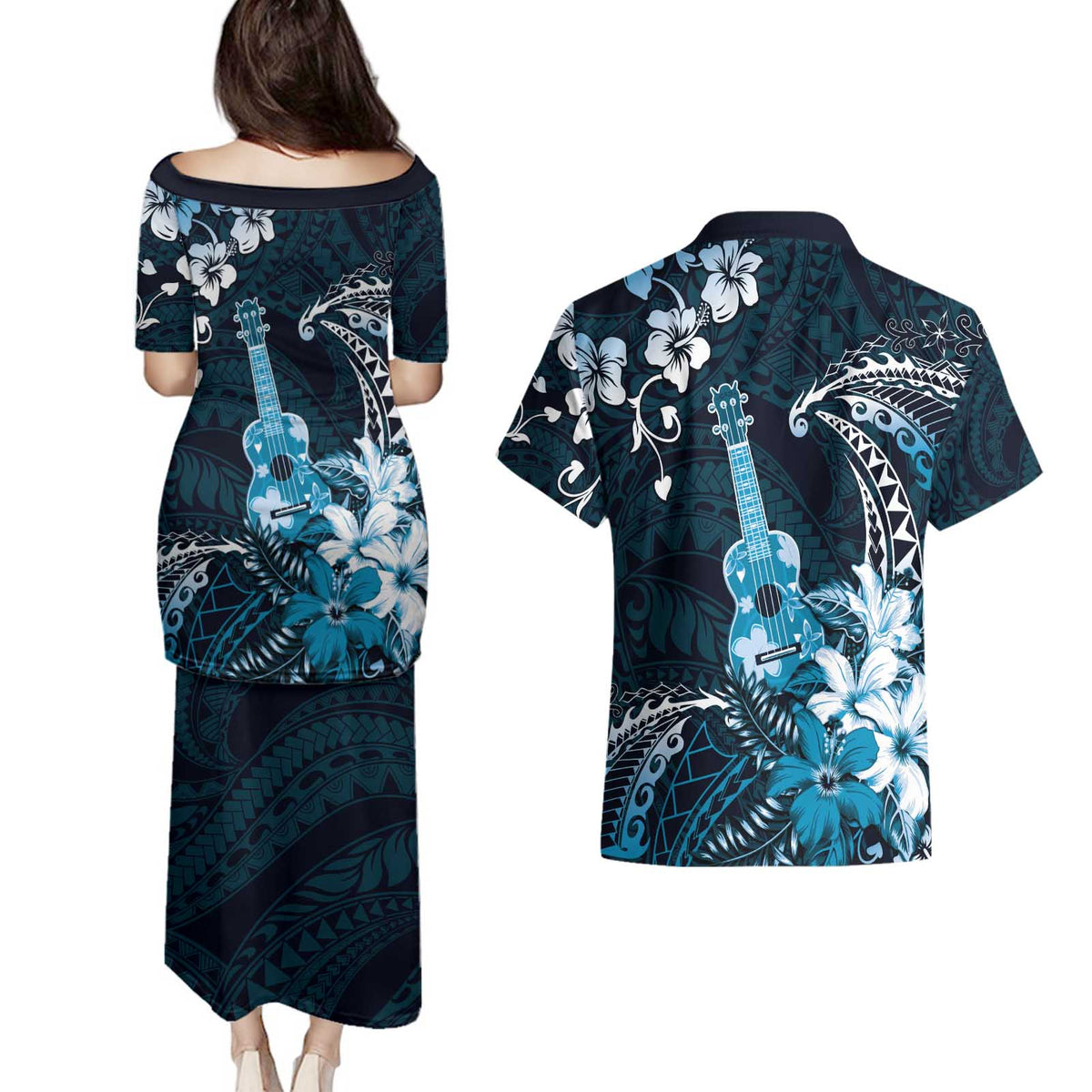 Hawaii Ukulele Couples Matching Puletasi and Hawaiian Shirt Polynesian Pattern Mix Hibiscus Blue Version LT05