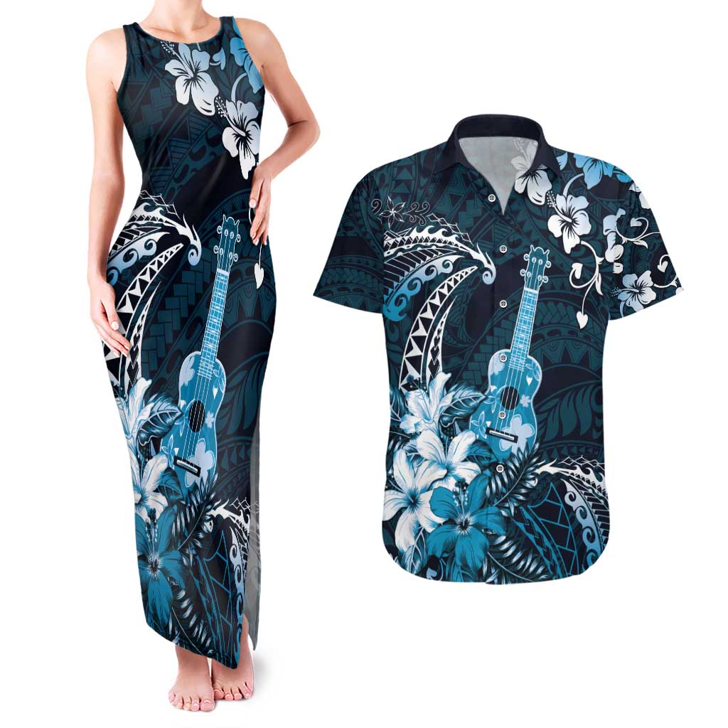 Hawaii Ukulele Couples Matching Tank Maxi Dress and Hawaiian Shirt Polynesian Pattern Mix Hibiscus Blue Version LT05