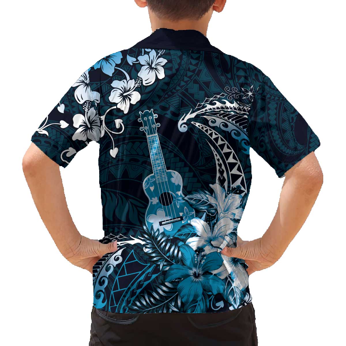 Hawaii Ukulele Family Matching Off The Shoulder Long Sleeve Dress and Hawaiian Shirt Polynesian Pattern Mix Hibiscus Blue Version LT05