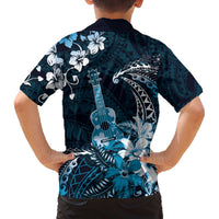 Hawaii Ukulele Family Matching Off The Shoulder Long Sleeve Dress and Hawaiian Shirt Polynesian Pattern Mix Hibiscus Blue Version LT05