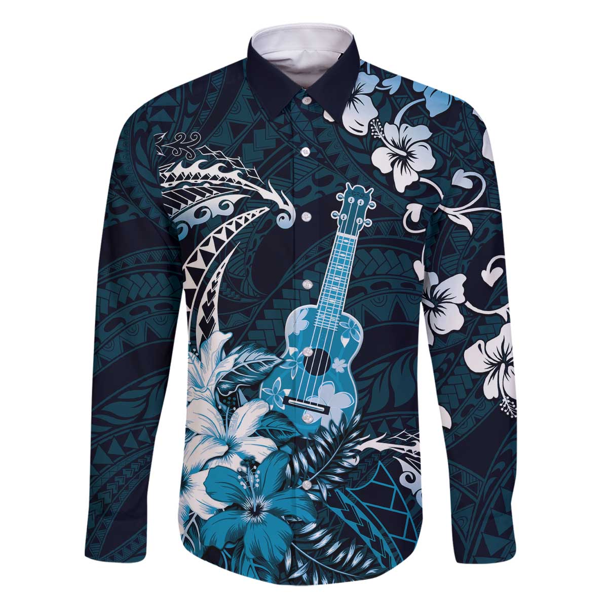 Hawaii Ukulele Family Matching Off The Shoulder Long Sleeve Dress and Hawaiian Shirt Polynesian Pattern Mix Hibiscus Blue Version LT05