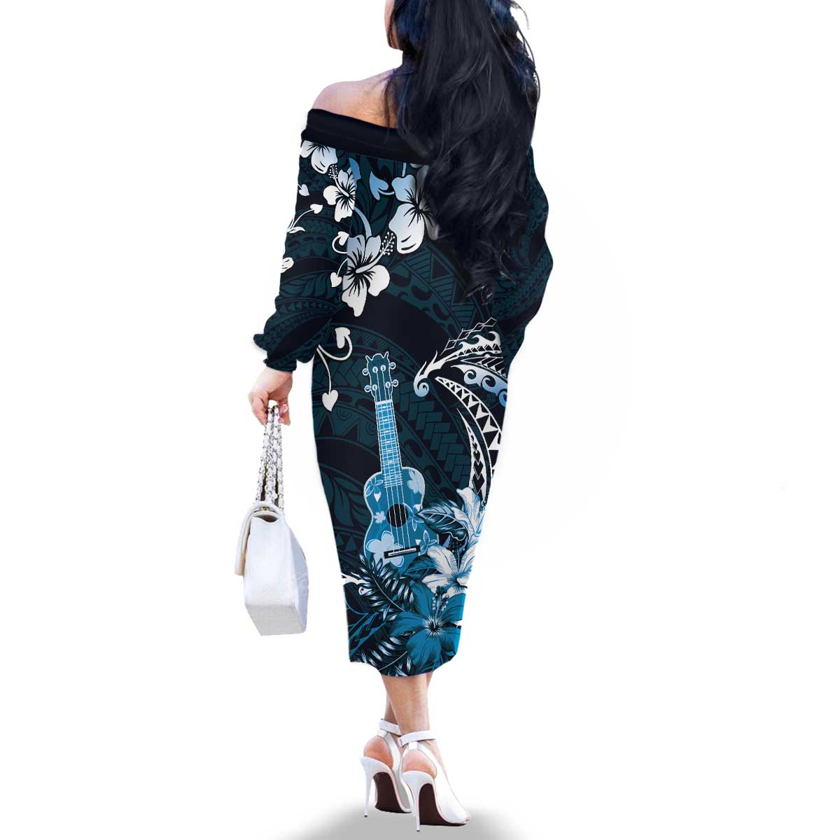 Hawaii Ukulele Family Matching Off The Shoulder Long Sleeve Dress and Hawaiian Shirt Polynesian Pattern Mix Hibiscus Blue Version LT05