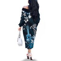 Hawaii Ukulele Family Matching Off The Shoulder Long Sleeve Dress and Hawaiian Shirt Polynesian Pattern Mix Hibiscus Blue Version LT05