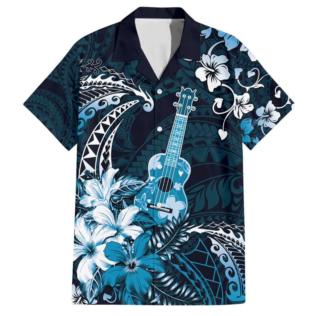 Hawaii Ukulele Family Matching Off Shoulder Maxi Dress and Hawaiian Shirt Polynesian Pattern Mix Hibiscus Blue Version LT05