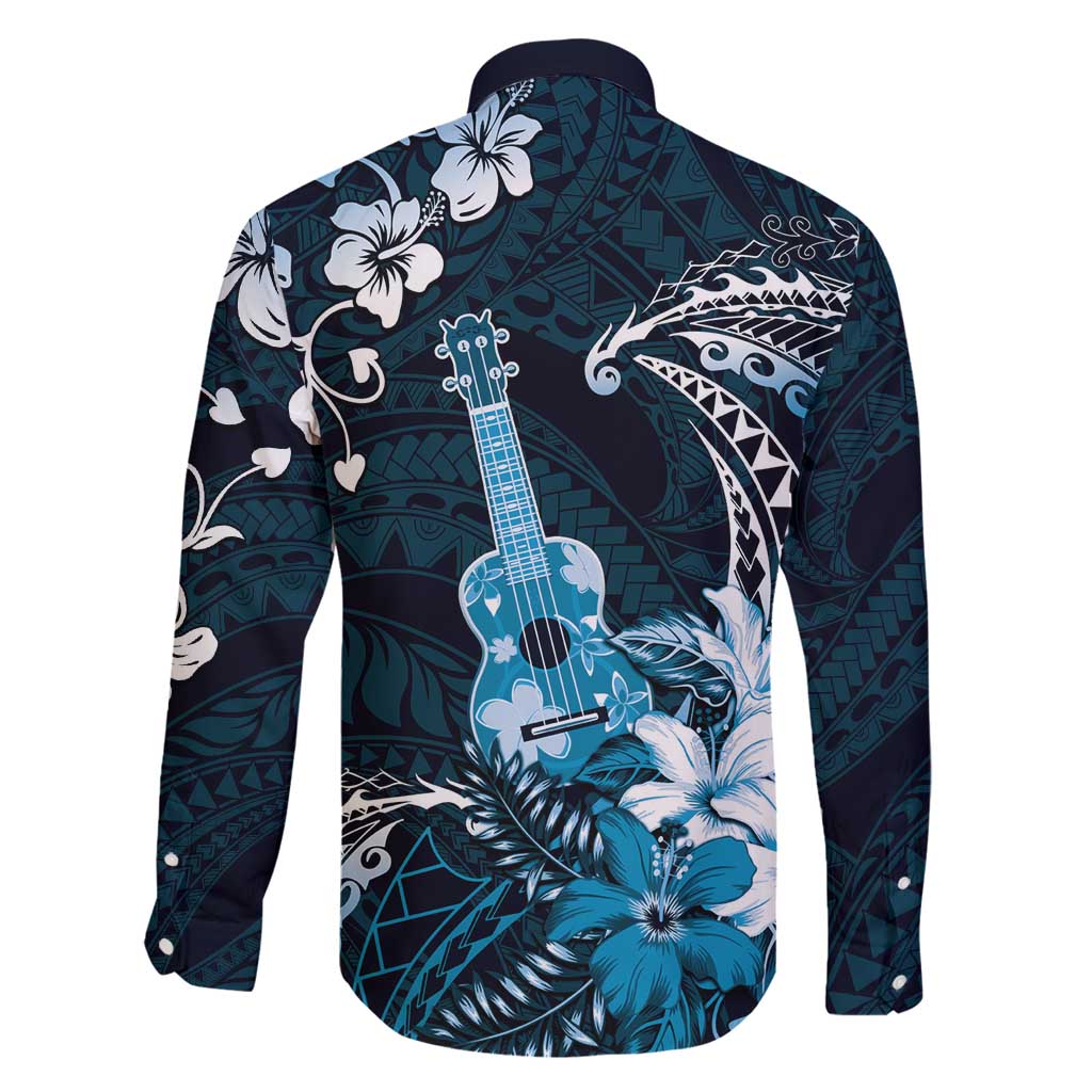 Hawaii Ukulele Family Matching Off Shoulder Maxi Dress and Hawaiian Shirt Polynesian Pattern Mix Hibiscus Blue Version LT05