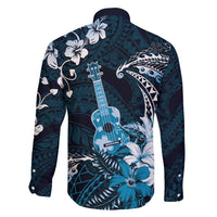Hawaii Ukulele Family Matching Off Shoulder Maxi Dress and Hawaiian Shirt Polynesian Pattern Mix Hibiscus Blue Version LT05