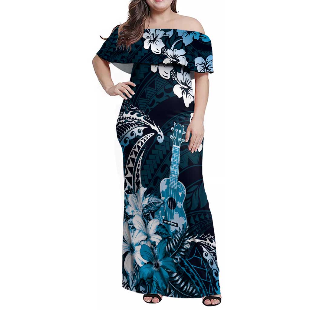 Hawaii Ukulele Family Matching Off Shoulder Maxi Dress and Hawaiian Shirt Polynesian Pattern Mix Hibiscus Blue Version LT05