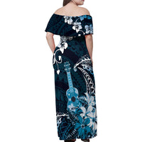 Hawaii Ukulele Family Matching Off Shoulder Maxi Dress and Hawaiian Shirt Polynesian Pattern Mix Hibiscus Blue Version LT05