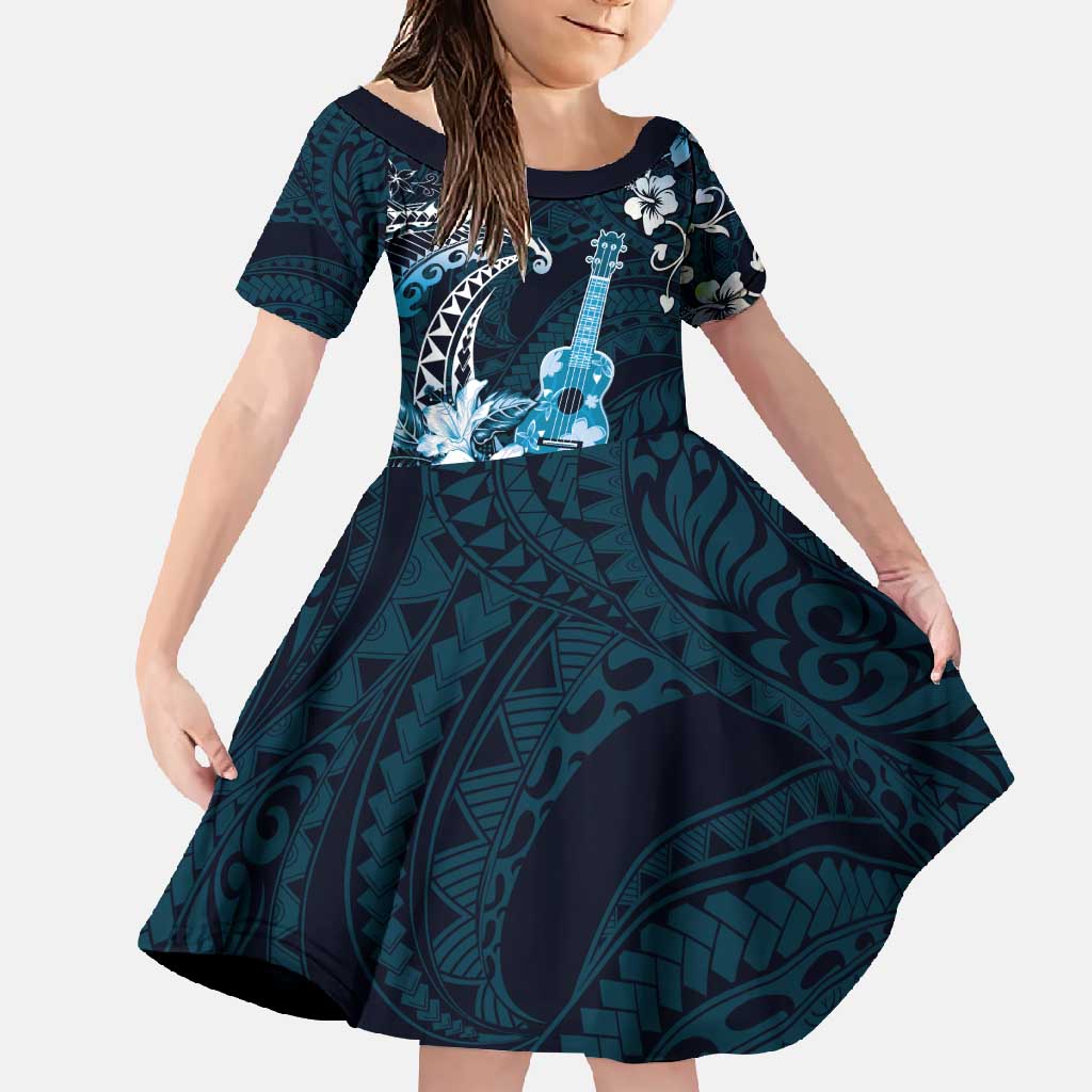 Hawaii Ukulele Family Matching Tank Maxi Dress and Hawaiian Shirt Polynesian Pattern Mix Hibiscus Blue Version LT05 Daughter's Dress Blue - Polynesian Pride