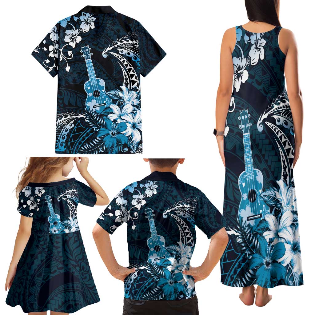 Hawaii Ukulele Family Matching Tank Maxi Dress and Hawaiian Shirt Polynesian Pattern Mix Hibiscus Blue Version LT05 - Polynesian Pride