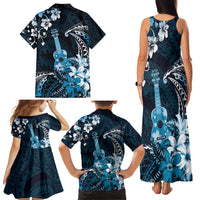 Hawaii Ukulele Family Matching Tank Maxi Dress and Hawaiian Shirt Polynesian Pattern Mix Hibiscus Blue Version LT05 - Polynesian Pride