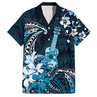 Hawaii Ukulele Family Matching Tank Maxi Dress and Hawaiian Shirt Polynesian Pattern Mix Hibiscus Blue Version LT05 Dad's Shirt - Short Sleeve Blue - Polynesian Pride