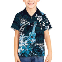 Hawaii Ukulele Family Matching Tank Maxi Dress and Hawaiian Shirt Polynesian Pattern Mix Hibiscus Blue Version LT05 Son's Shirt Blue - Polynesian Pride