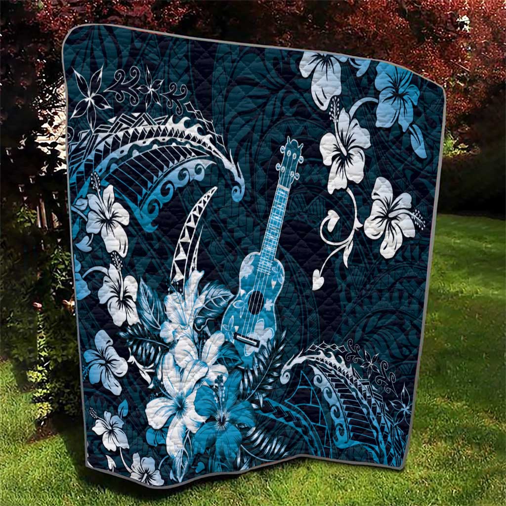 Hawaii Ukulele Quilt Polynesian Pattern Mix Hibiscus Blue Version