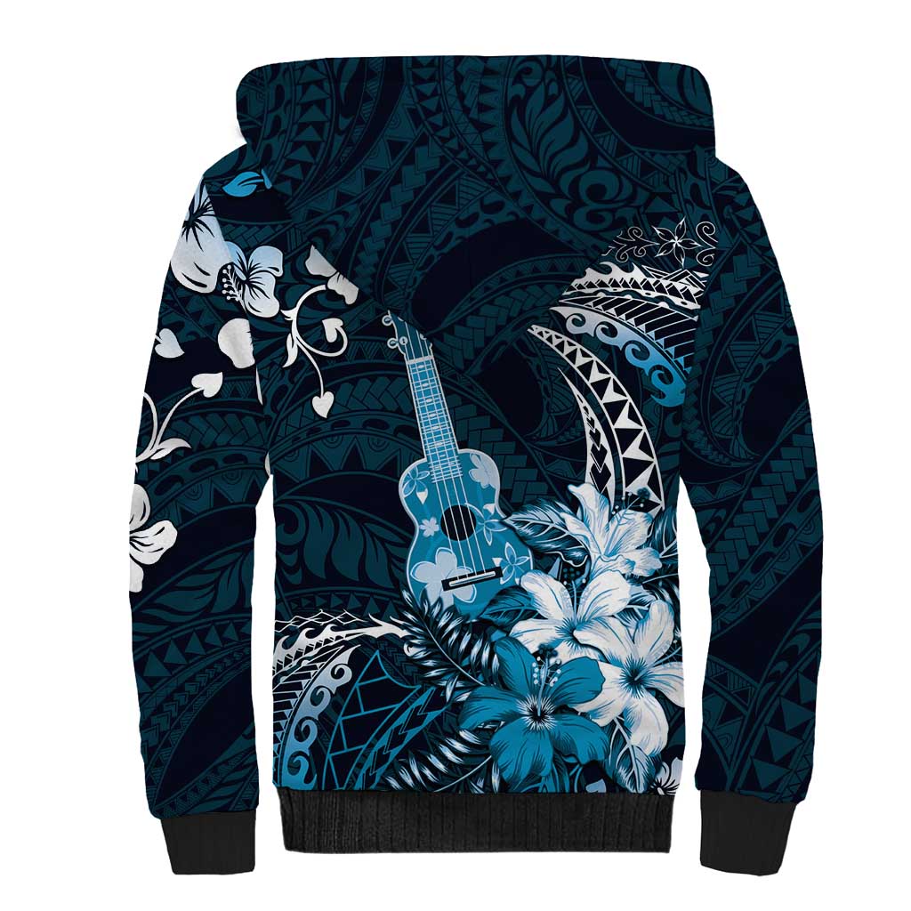 Hawaii Ukulele Sherpa Hoodie Polynesian Pattern Mix Hibiscus Blue Version LT05