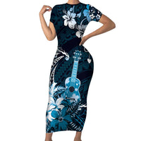 Hawaii Ukulele Short Sleeve Bodycon Dress Polynesian Pattern Mix Hibiscus Blue Version LT05