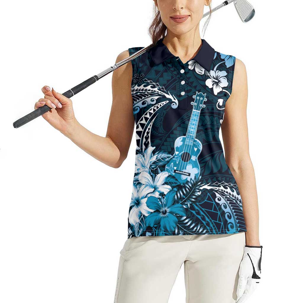 Hawaii Ukulele Women Sleeveless Polo Shirt Polynesian Pattern Mix Hibiscus Blue Version LT05