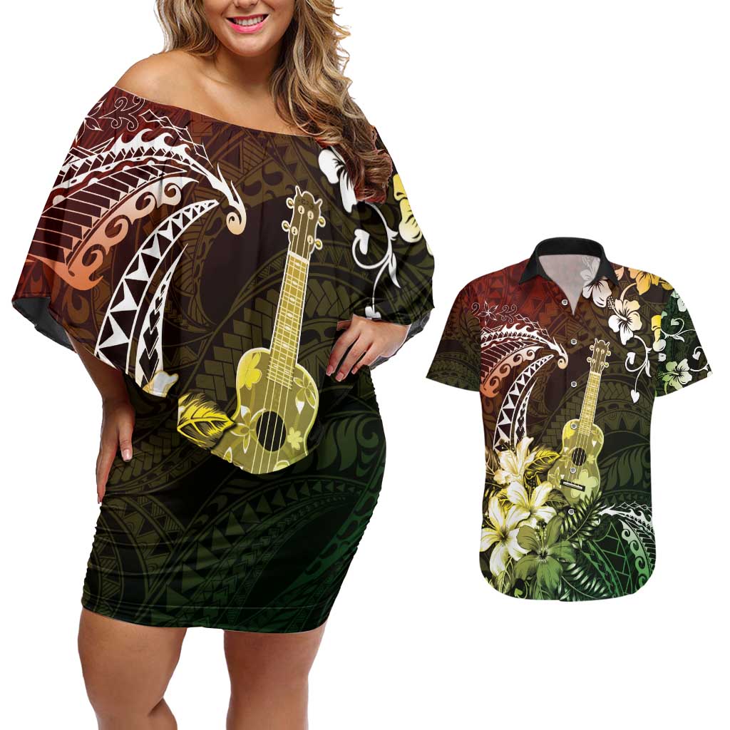 Hawaii Ukulele Couples Matching Off Shoulder Short Dress and Hawaiian Shirt Polynesian Pattern Mix Hibiscus Reggae Version LT05