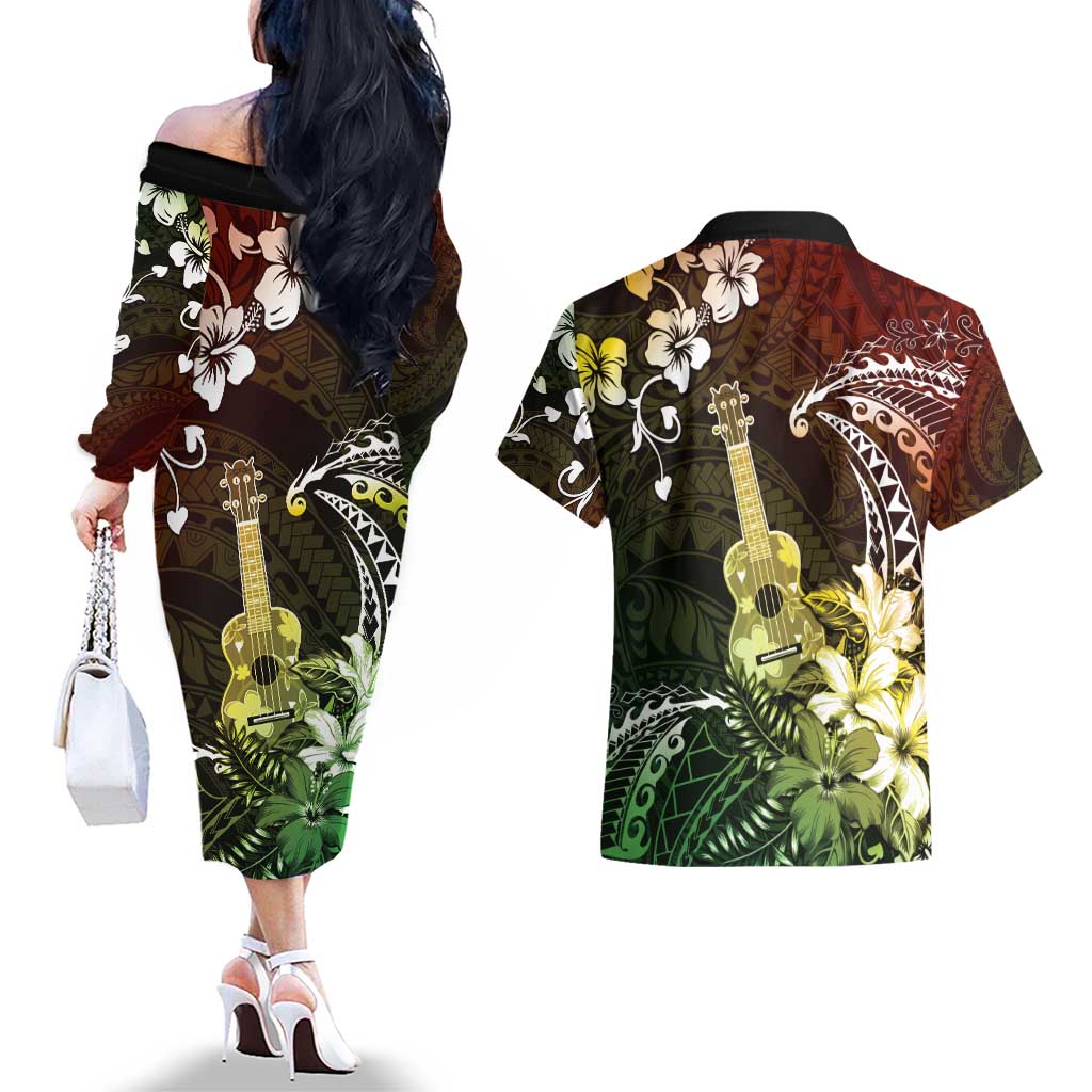 Hawaii Ukulele Couples Matching Off The Shoulder Long Sleeve Dress and Hawaiian Shirt Polynesian Pattern Mix Hibiscus Reggae Version LT05