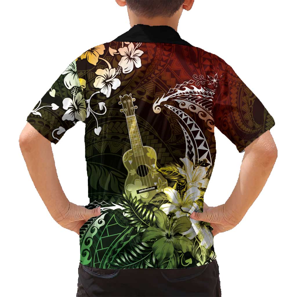 Hawaii Ukulele Family Matching Long Sleeve Bodycon Dress and Hawaiian Shirt Polynesian Pattern Mix Hibiscus Reggae Version LT05