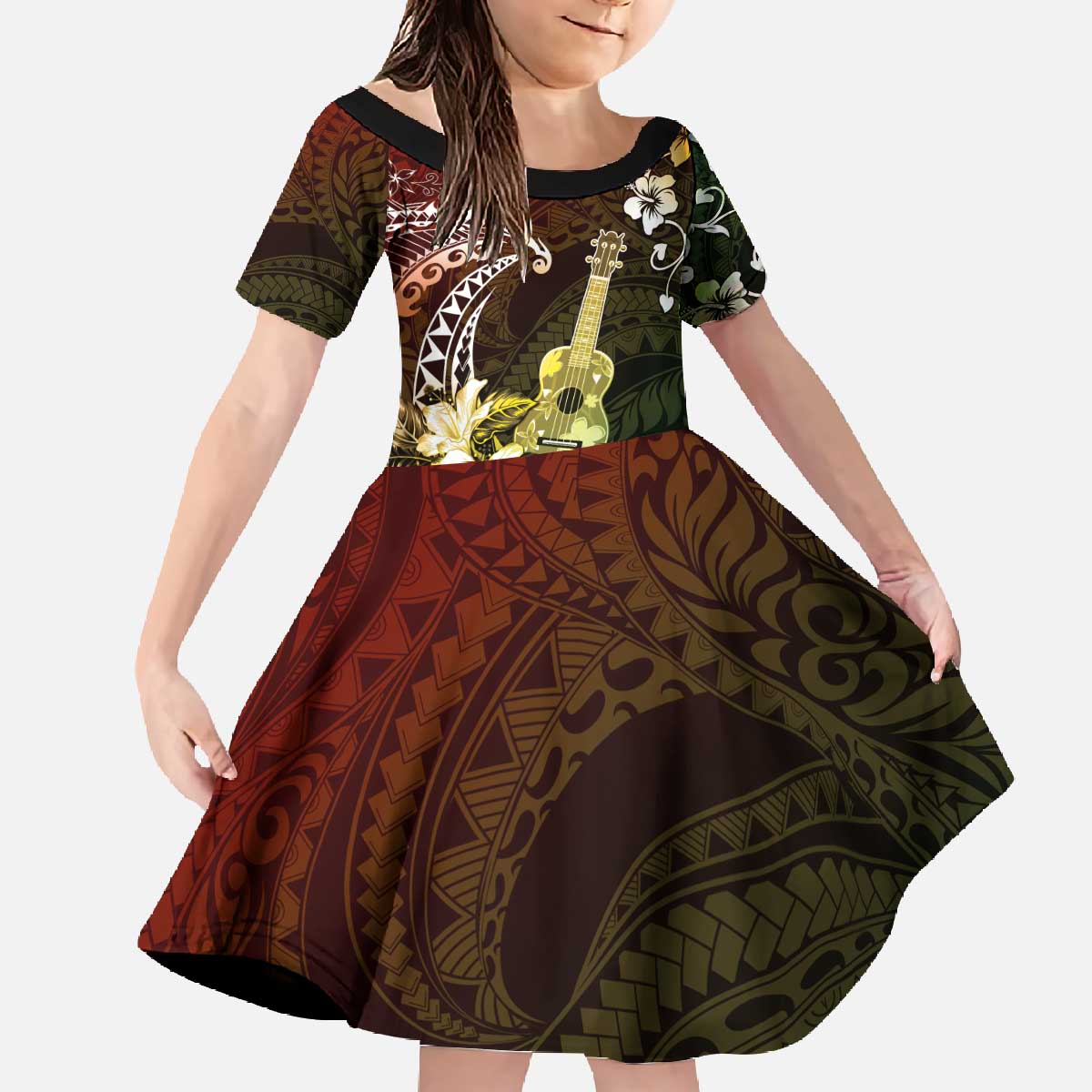 Hawaii Ukulele Family Matching Off The Shoulder Long Sleeve Dress and Hawaiian Shirt Polynesian Pattern Mix Hibiscus Reggae Version LT05