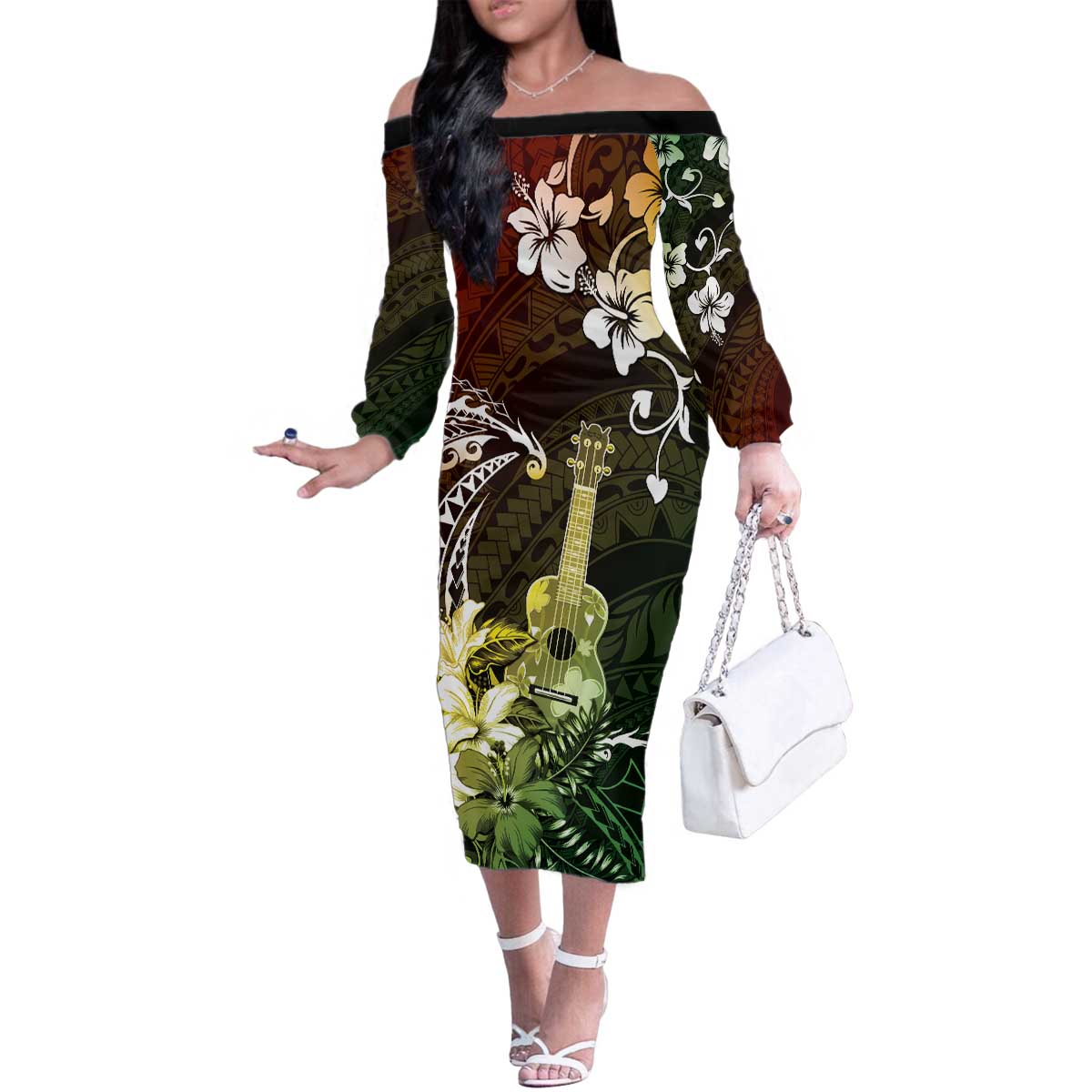 Hawaii Ukulele Family Matching Off The Shoulder Long Sleeve Dress and Hawaiian Shirt Polynesian Pattern Mix Hibiscus Reggae Version LT05