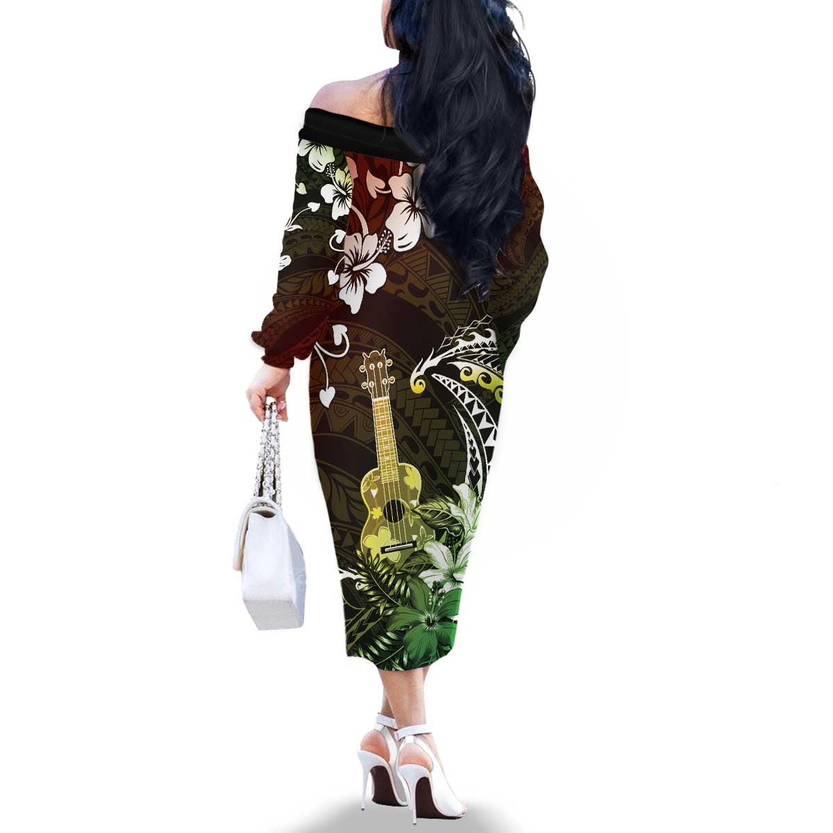 Hawaii Ukulele Family Matching Off The Shoulder Long Sleeve Dress and Hawaiian Shirt Polynesian Pattern Mix Hibiscus Reggae Version LT05