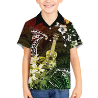 Hawaii Ukulele Family Matching Off The Shoulder Long Sleeve Dress and Hawaiian Shirt Polynesian Pattern Mix Hibiscus Reggae Version LT05