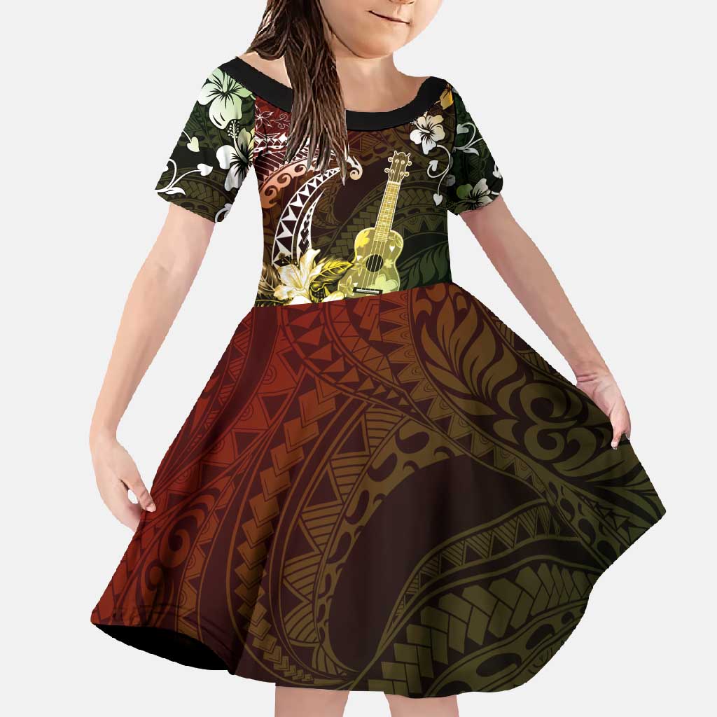 Hawaii Ukulele Family Matching Off Shoulder Maxi Dress and Hawaiian Shirt Polynesian Pattern Mix Hibiscus Reggae Version LT05