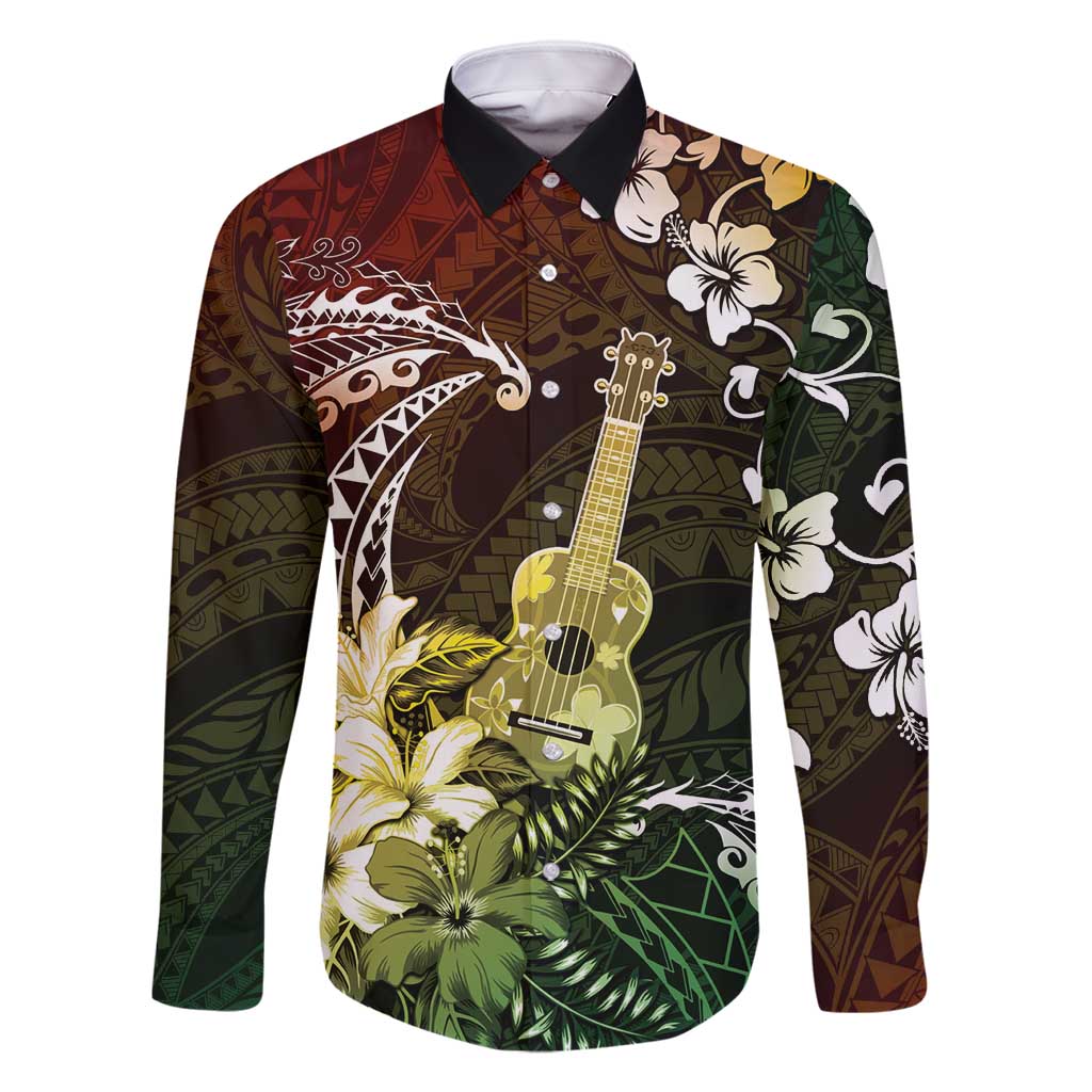 Hawaii Ukulele Family Matching Off Shoulder Short Dress and Hawaiian Shirt Polynesian Pattern Mix Hibiscus Reggae Version LT05