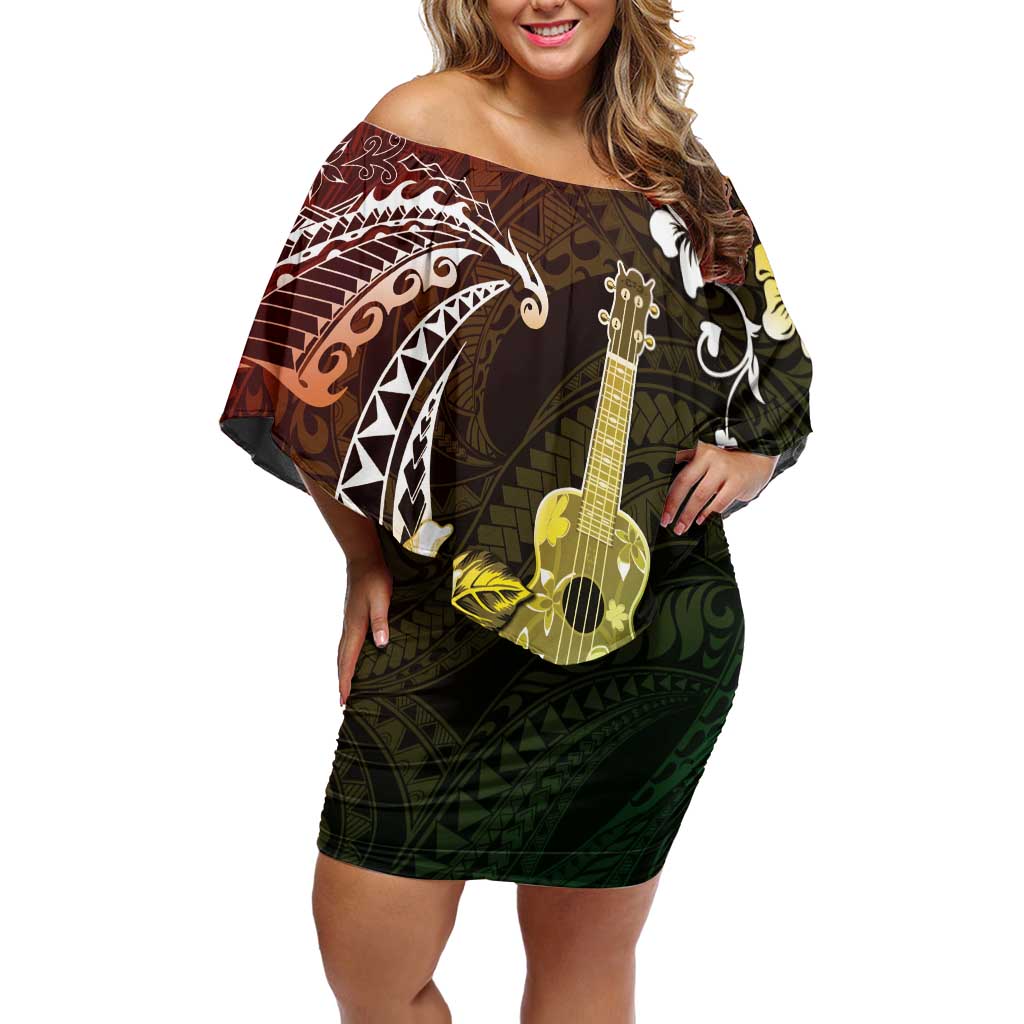 Hawaii Ukulele Family Matching Off Shoulder Short Dress and Hawaiian Shirt Polynesian Pattern Mix Hibiscus Reggae Version LT05