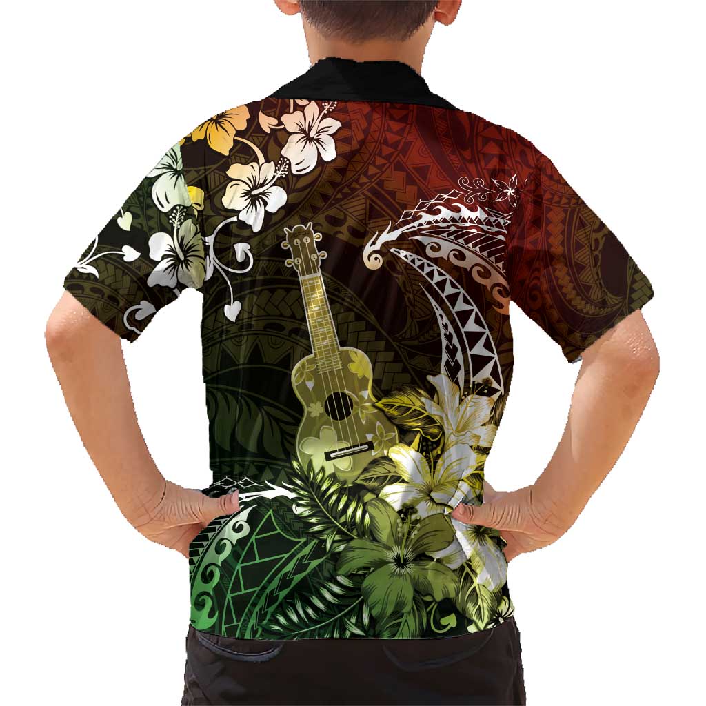 Hawaii Ukulele Family Matching Short Sleeve Bodycon Dress and Hawaiian Shirt Polynesian Pattern Mix Hibiscus Reggae Version LT05