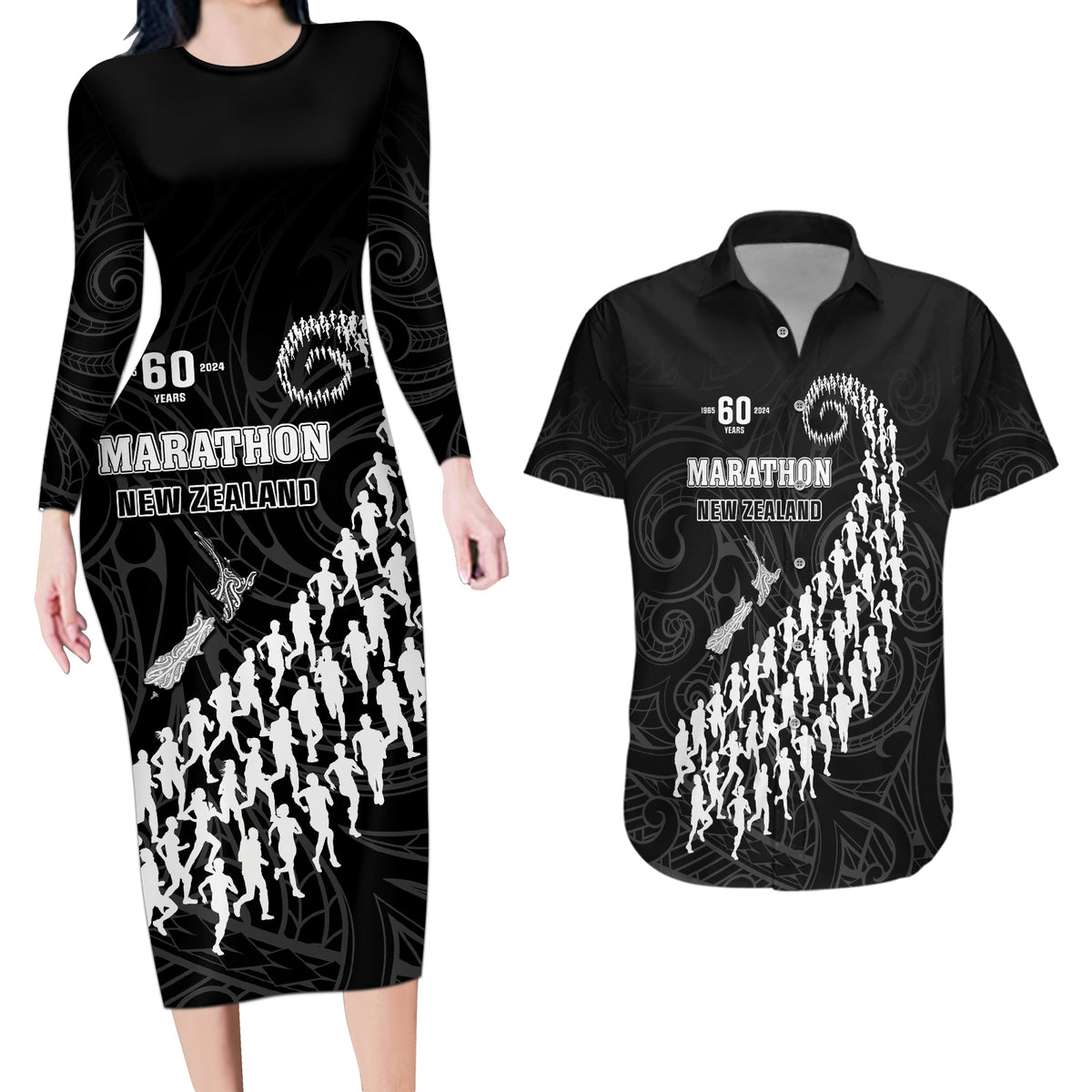 Custom New Zealand Marathon Couples Matching Long Sleeve Bodycon Dress and Hawaiian Shirt Maori Style LT05 Black - Polynesian Pride