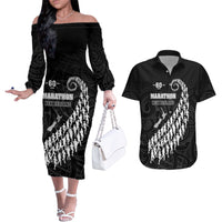 Custom New Zealand Marathon Couples Matching Off The Shoulder Long Sleeve Dress and Hawaiian Shirt Maori Style LT05 Black - Polynesian Pride