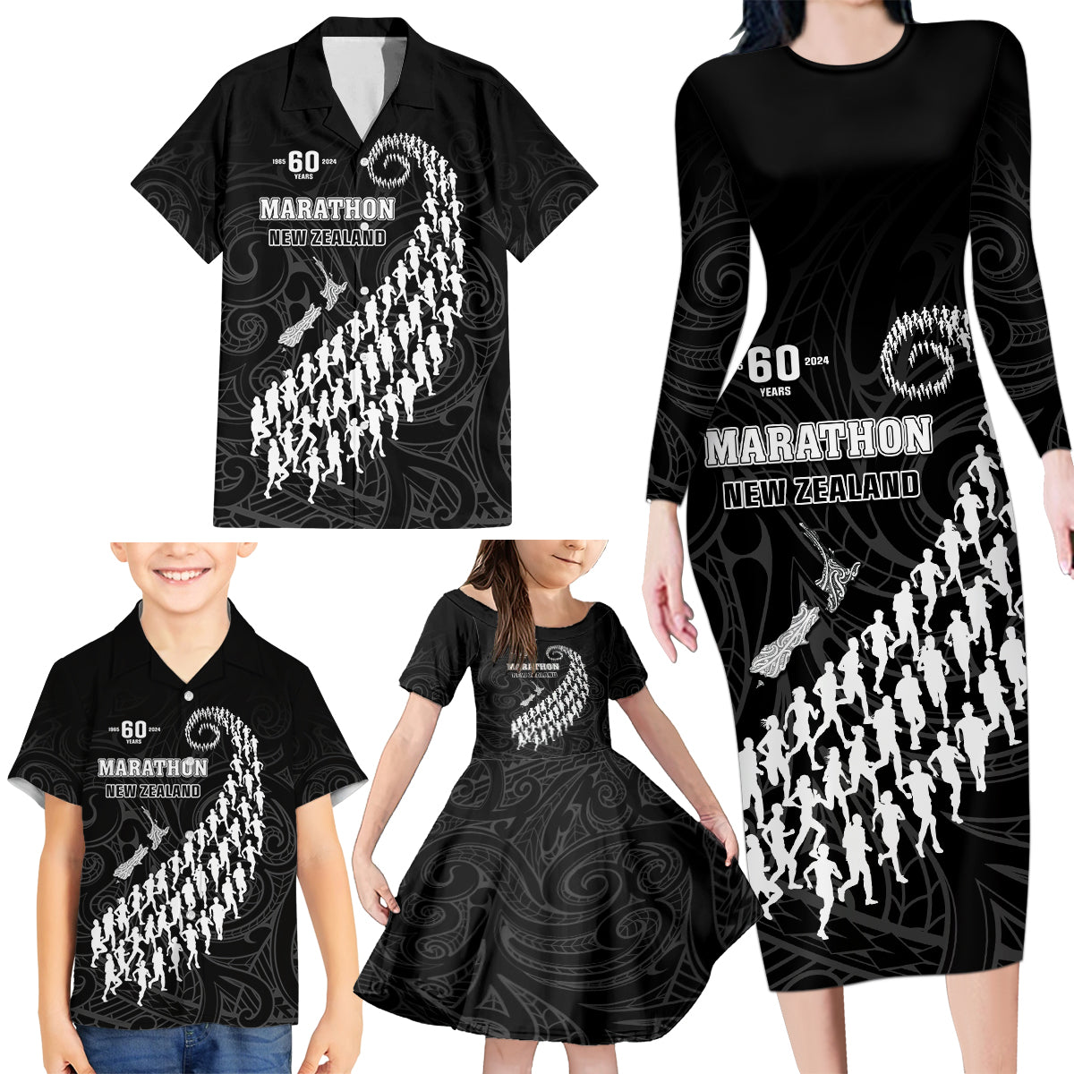 Custom New Zealand Marathon Family Matching Long Sleeve Bodycon Dress and Hawaiian Shirt Maori Style LT05 - Polynesian Pride