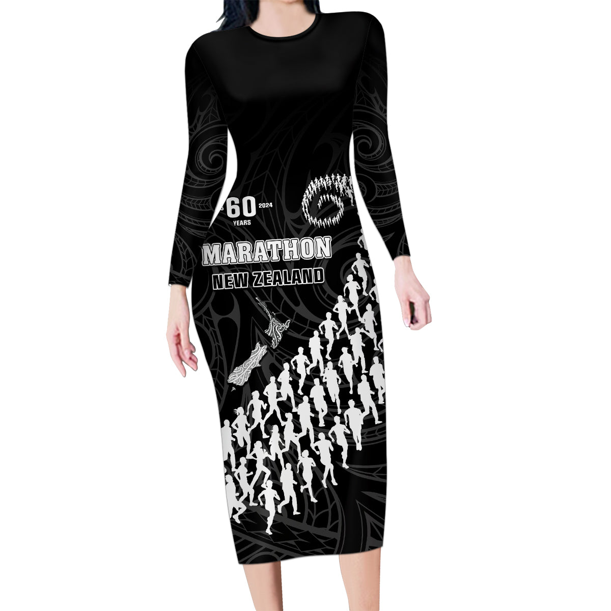 Custom New Zealand Marathon Family Matching Long Sleeve Bodycon Dress and Hawaiian Shirt Maori Style LT05 Mom's Dress Black - Polynesian Pride