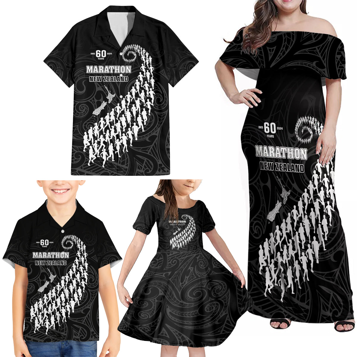 Custom New Zealand Marathon Family Matching Off Shoulder Maxi Dress and Hawaiian Shirt Maori Style LT05 - Polynesian Pride
