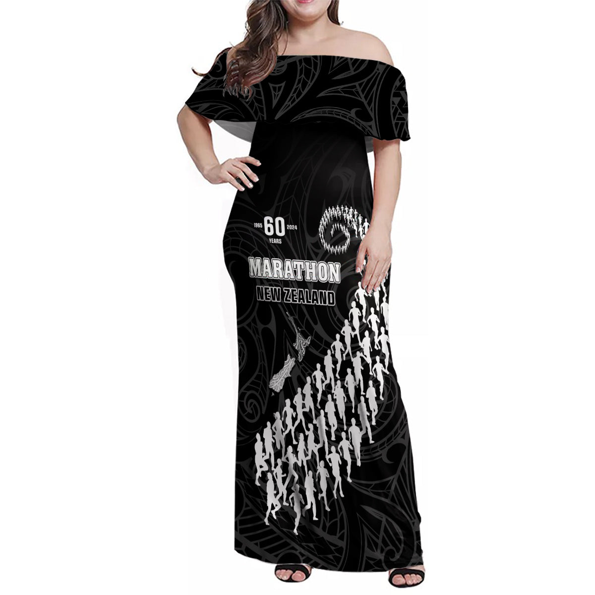 Custom New Zealand Marathon Family Matching Off Shoulder Maxi Dress and Hawaiian Shirt Maori Style LT05 Mom's Dress Black - Polynesian Pride