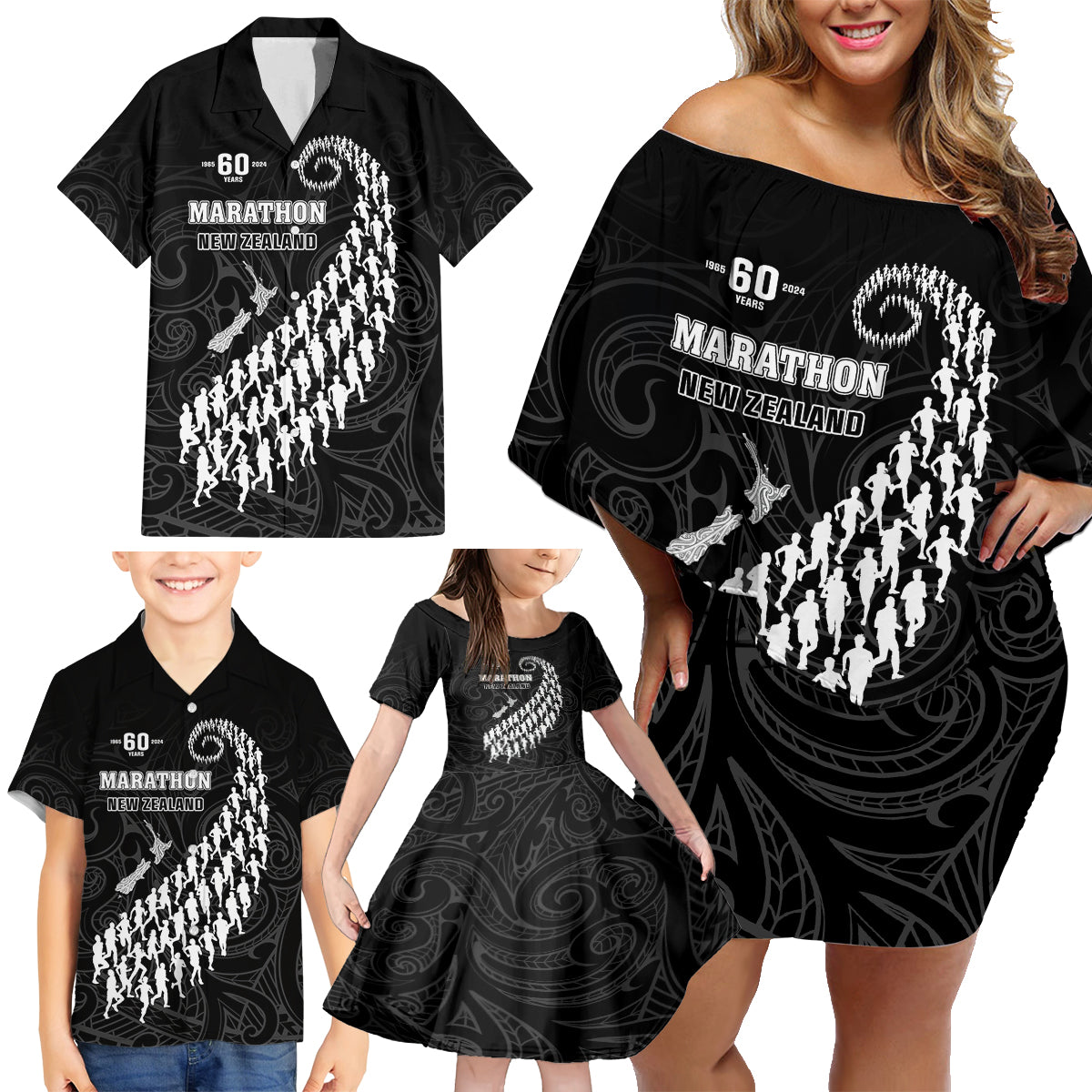 Custom New Zealand Marathon Family Matching Off Shoulder Short Dress and Hawaiian Shirt Maori Style LT05 - Polynesian Pride
