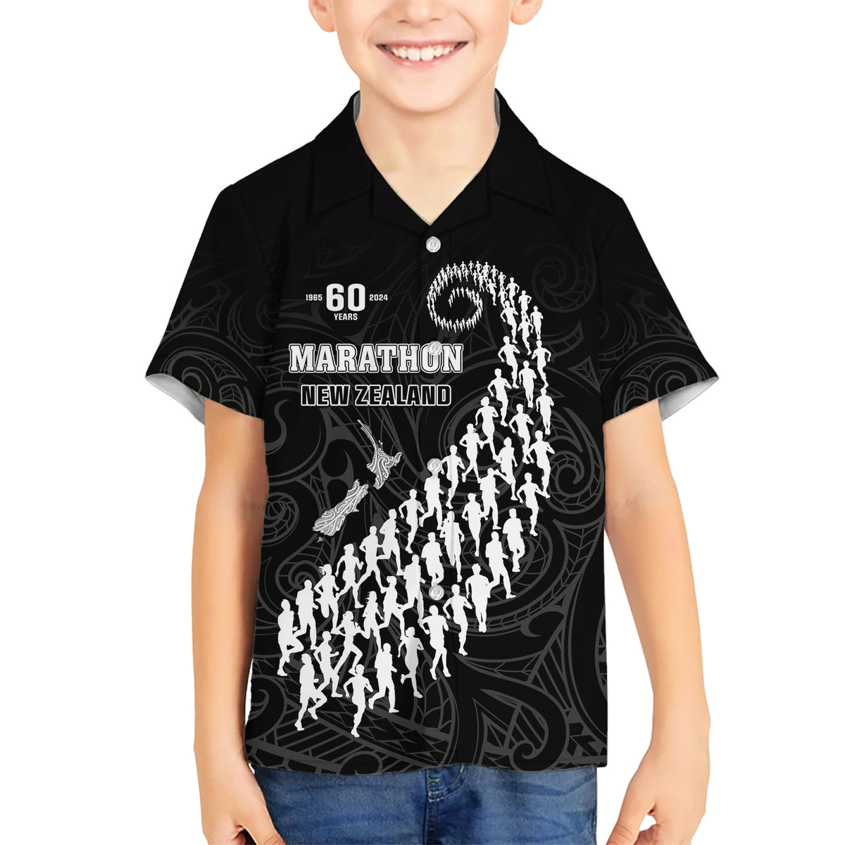 Custom New Zealand Marathon Family Matching Short Sleeve Bodycon Dress and Hawaiian Shirt Maori Style LT05 Son's Shirt Black - Polynesian Pride