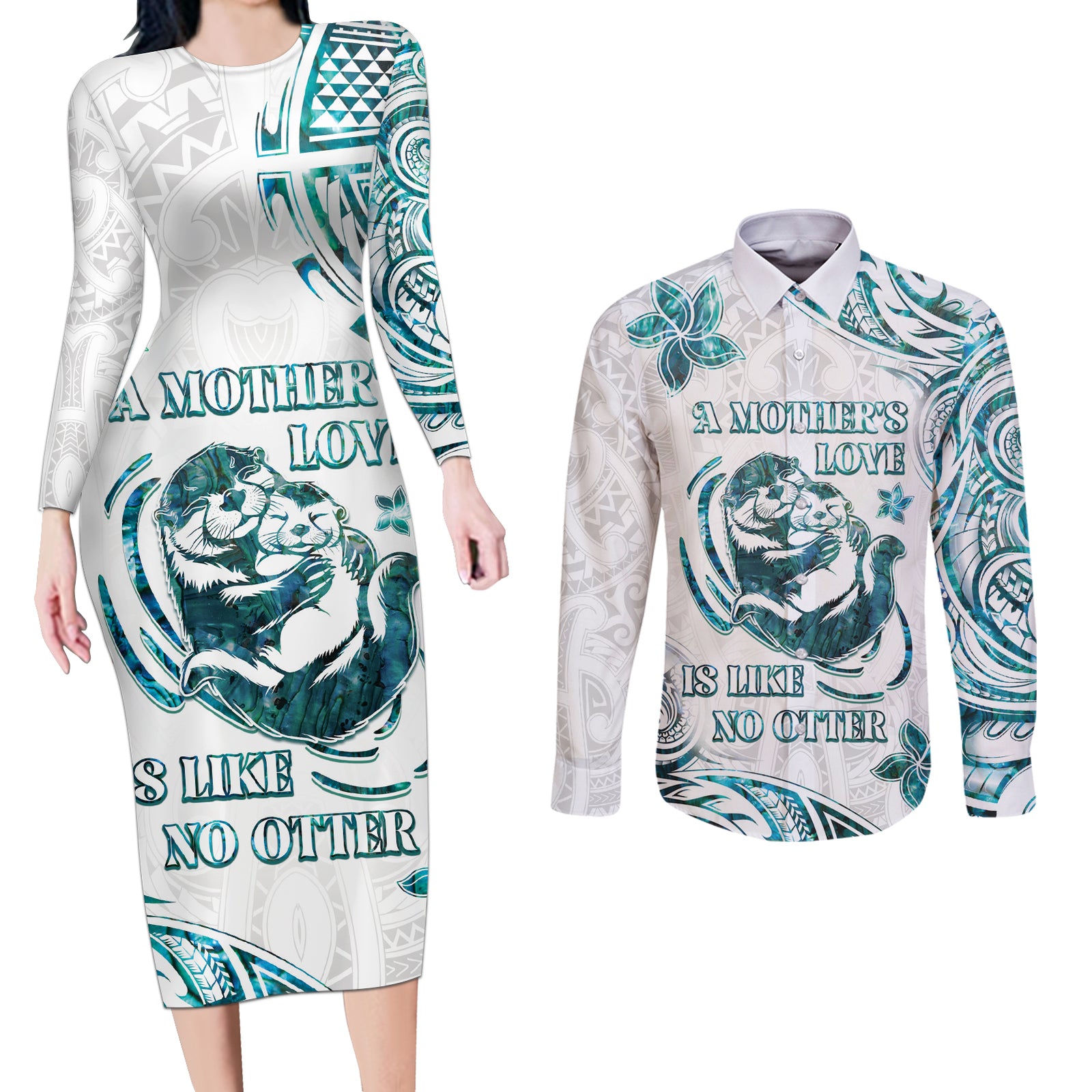 New Zealand Aotearoa Hari Ra Mama Couples Matching Long Sleeve Bodycon Dress and Long Sleeve Button Shirt A Mother's Love Is Like No Otter