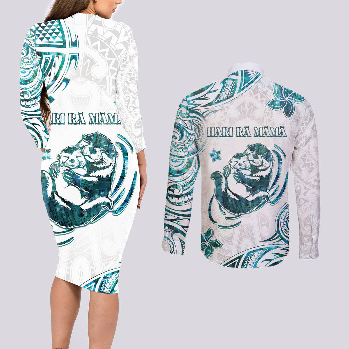 New Zealand Aotearoa Hari Ra Mama Couples Matching Long Sleeve Bodycon Dress and Long Sleeve Button Shirt A Mother's Love Is Like No Otter LT05 - Polynesian Pride