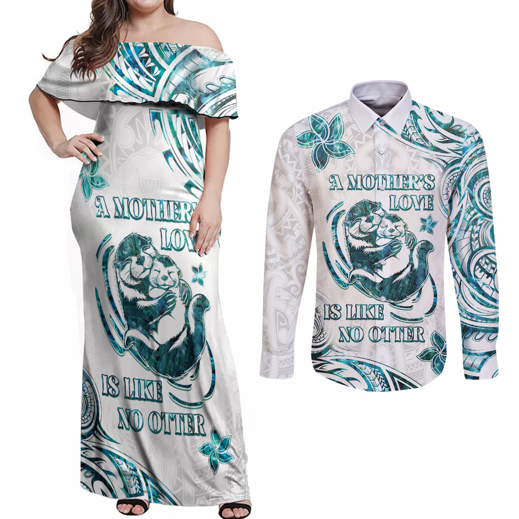 New Zealand Aotearoa Hari Ra Mama Couples Matching Off Shoulder Maxi Dress and Long Sleeve Button Shirt A Mother's Love Is Like No Otter LT05 White - Polynesian Pride