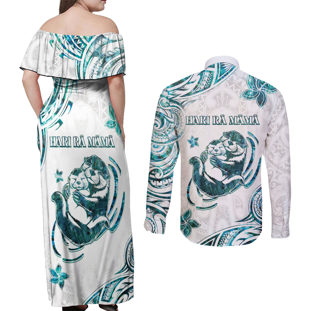 New Zealand Aotearoa Hari Ra Mama Couples Matching Off Shoulder Maxi Dress and Long Sleeve Button Shirt A Mother's Love Is Like No Otter LT05 - Polynesian Pride